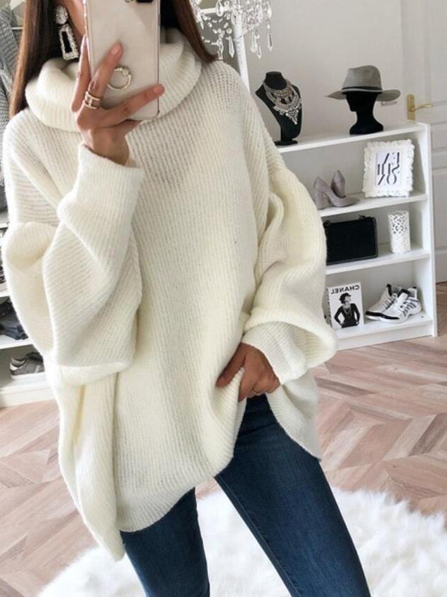 Sweaters Solid High Collar Long Sleeve Knitted Sweater for Women