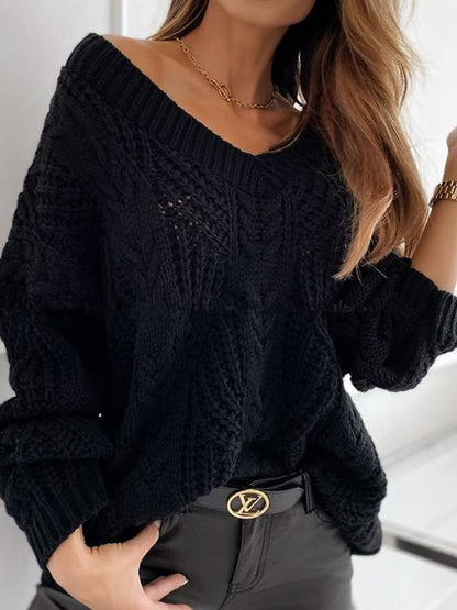 Women's Sweaters Solid V-Neck Hollow Pullover Long Sleeve Sweater - LuckyFash™