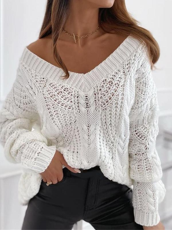 Women's Sweaters Solid V-Neck Hollow Pullover Long Sleeve Sweater - LuckyFash™