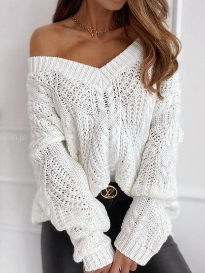 Women's Sweaters Solid V-Neck Hollow Pullover Long Sleeve Sweater - LuckyFash™