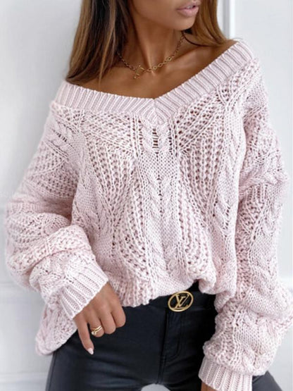 Sweaters Solid V-Neck Hollow Pullover Long Sleeve Sweater for Women