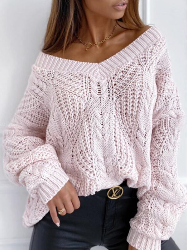 Women's Sweaters Solid V-Neck Hollow Pullover Long Sleeve Sweater - LuckyFash™