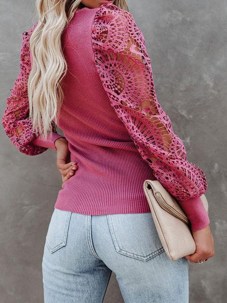 Women's Sweaters Square Neck Lace Panel Long Sleeve Knit Sweaters - LuckyFash™