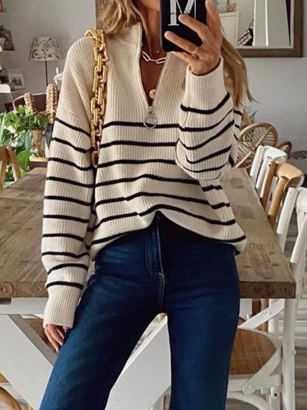 Women's Sweaters Striped Colorblock Round Neck Zipper Pullover Knitted Sweater - LuckyFash™