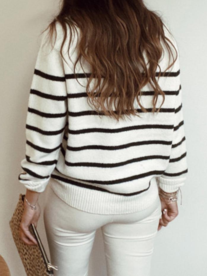 Women's Sweaters Striped Pullover Shoulder Button Knitted Sweater - LuckyFash™