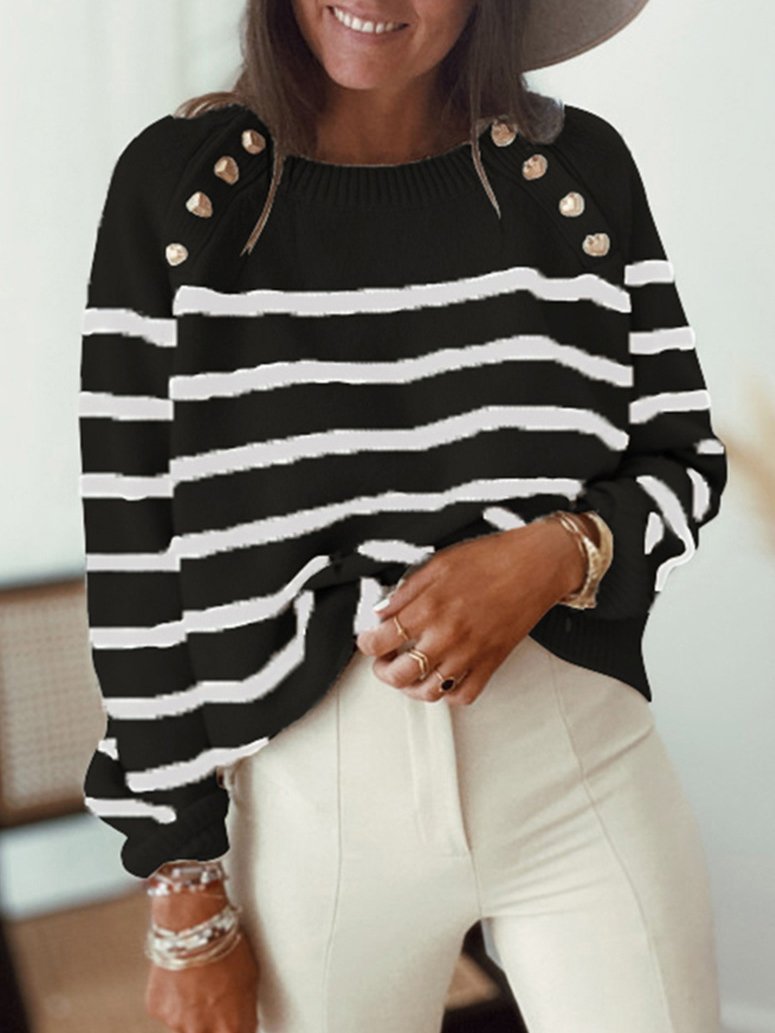 Women's Sweaters Striped Pullover Shoulder Button Knitted Sweater - LuckyFash™