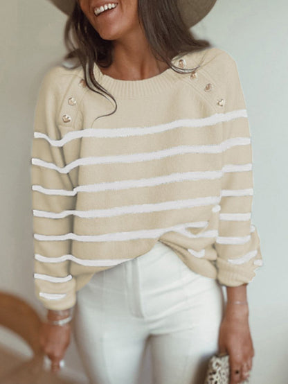 Sweaters Striped Pullover Shoulder Button Knitted Sweater for Women