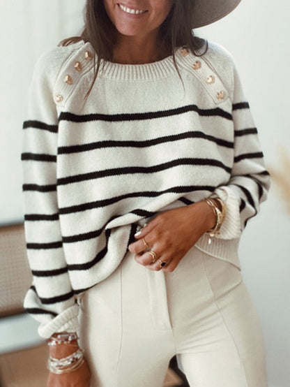 Women's Sweaters Striped Pullover Shoulder Button Knitted Sweater - LuckyFash™