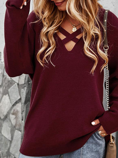 Women's Sweaters V-Neck Cross Chest Long Sleeve Sweater - LuckyFash™