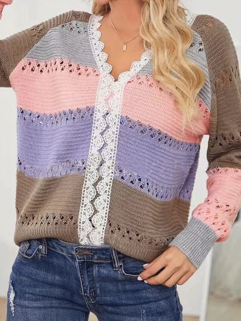 Women's Sweaters V-Neck Hollow Long Sleeve Striped Lace Sweater - LuckyFash™