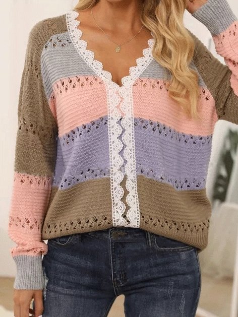 Women's Sweaters V-Neck Hollow Long Sleeve Striped Lace Sweater - LuckyFash™