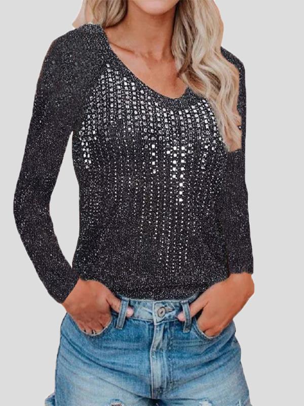 Sweaters V-Neck Long Sleeve Nightclub Sparkling Diamond-Studded Knitted Sweater for Women