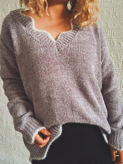 Sweaters Wavy V-Neck Solid Pullover Long Sleeve Sweater for Women