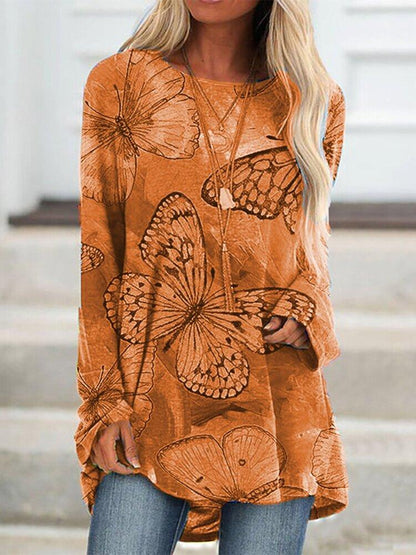 Casual Butterfly Round Neck Long Sleeve T-Shirt