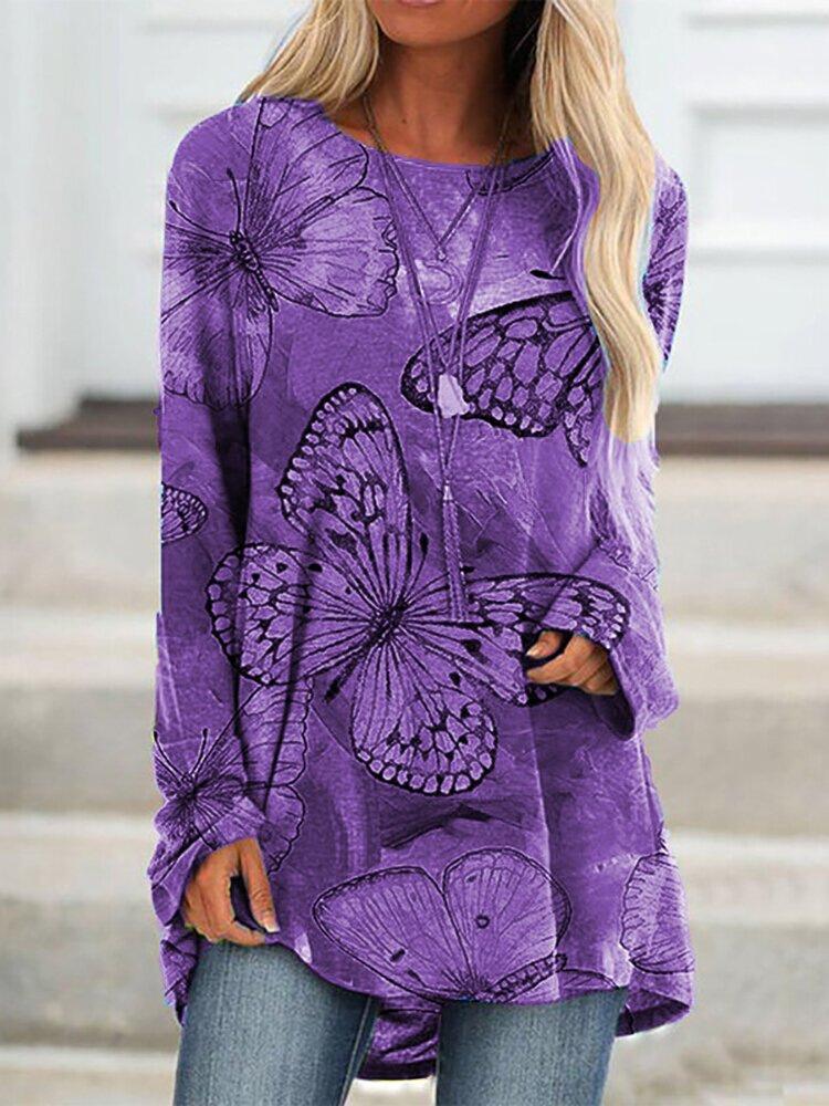 Casual Butterfly Round Neck Long Sleeve T-Shirt