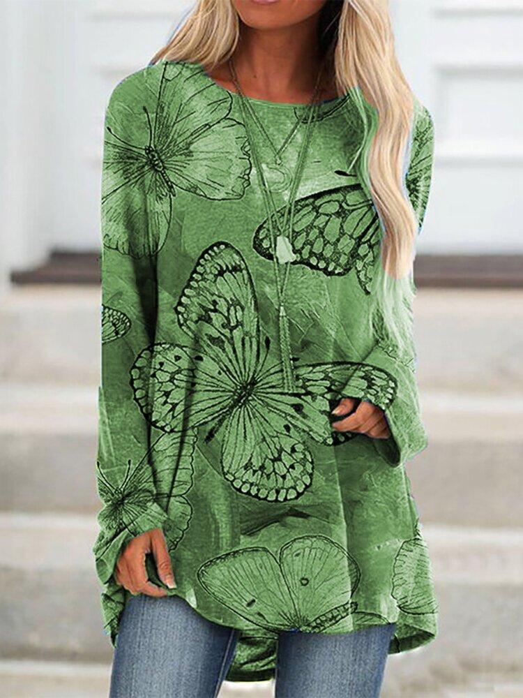 Casual Butterfly Round Neck Long Sleeve T-Shirt