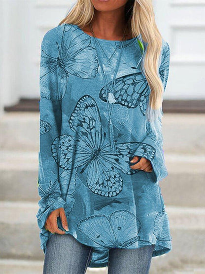 T-Shirts - Casual Butterfly Round Neck Long Sleeve T-Shirt - MsDressly