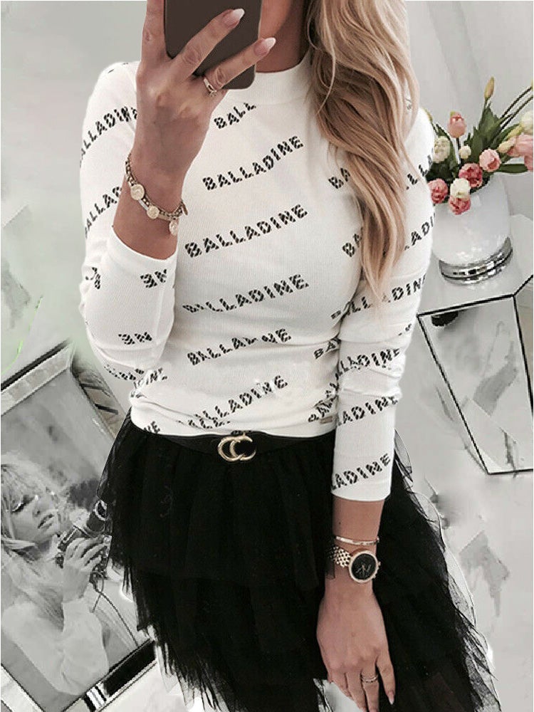 Letter Print Long Sleeve Slim T-Shirt