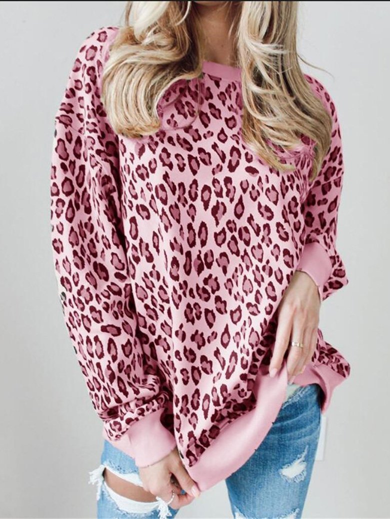 Loose Leopard Print Round Neck Long Sleeve T-Shirt