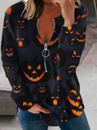 Loose Print Zip Long Sleeve T-Shirt