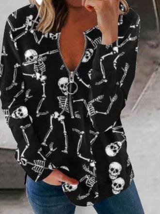 Loose Print Zip Long Sleeve T-Shirt