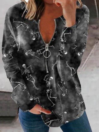 Loose Print Zip Long Sleeve T-Shirt