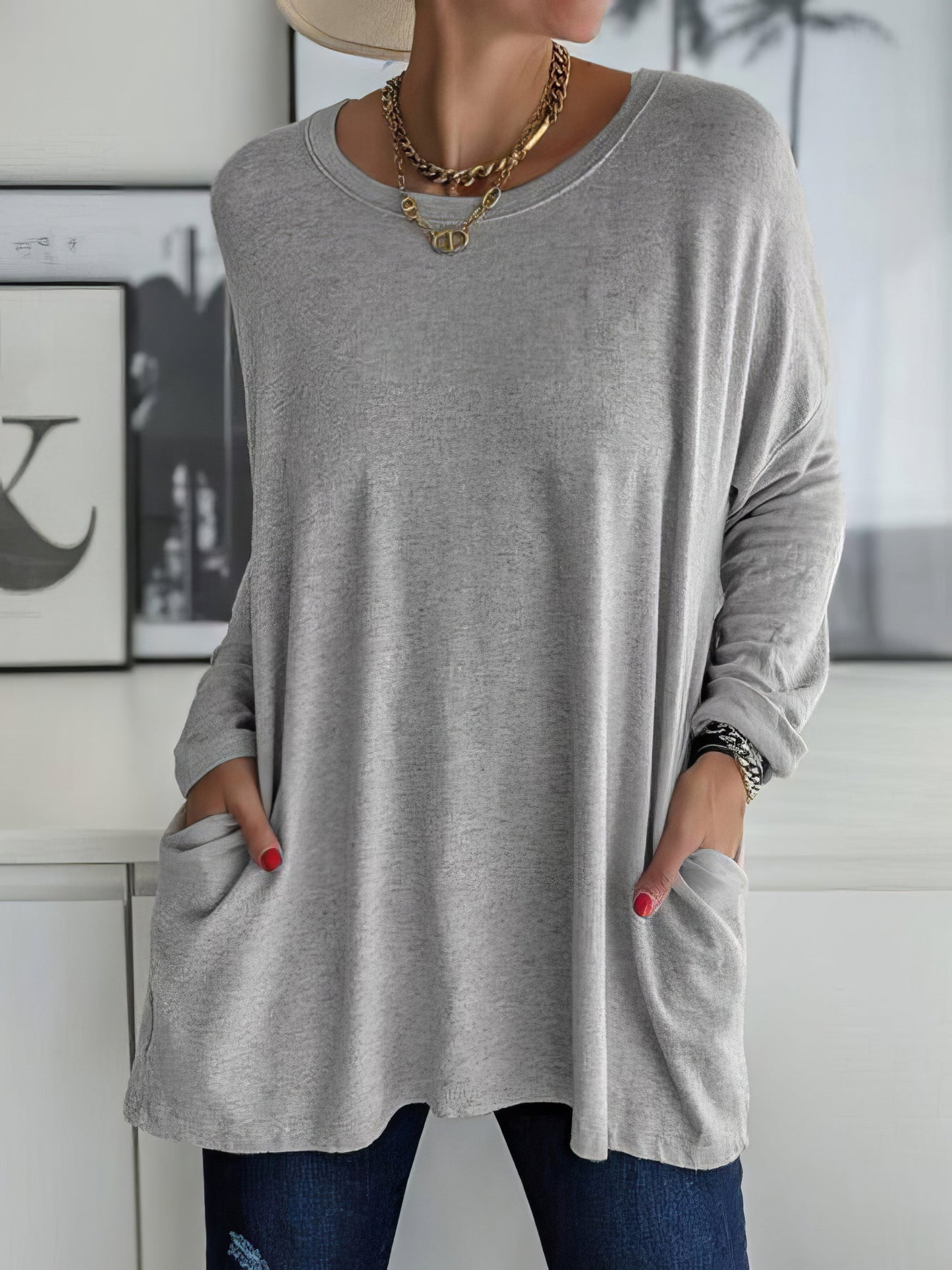 T-Shirts - Loose Solid Round Neck Pocket Long Sleeve T-Shirt - MsDressly