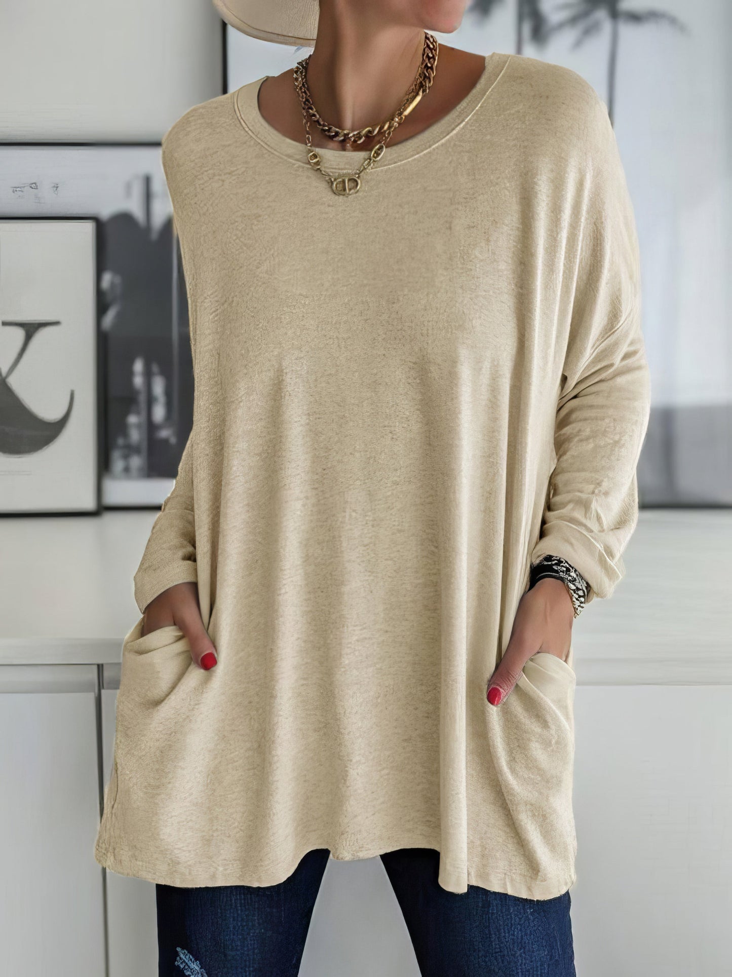 T-Shirts - Loose Solid Round Neck Pocket Long Sleeve T-Shirt - MsDressly