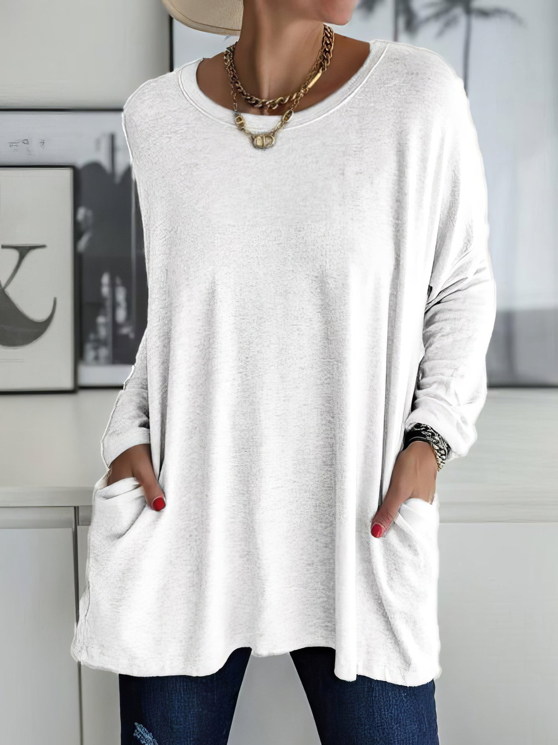 T-Shirts - Loose Solid Round Neck Pocket Long Sleeve T-Shirt - MsDressly