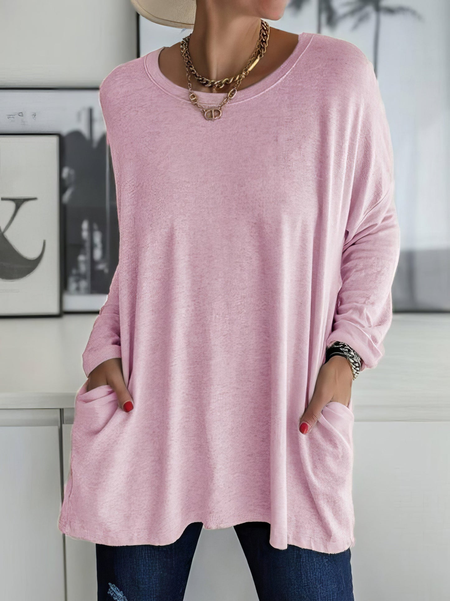 Loose Solid Round Neck Pocket Long Sleeve T-Shirt