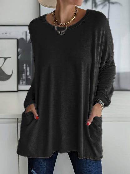 T-Shirts - Loose Solid Round Neck Pocket Long Sleeve T-Shirt - MsDressly