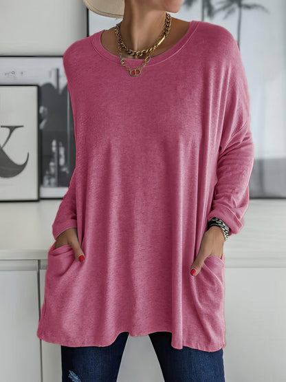 T-Shirts - Loose Solid Round Neck Pocket Long Sleeve T-Shirt - MsDressly