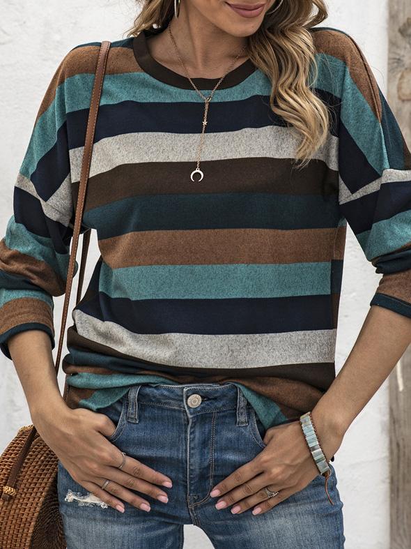 T-Shirts - Multicolor Striped Round Neck Long Sleeve T-Shirt - MsDressly