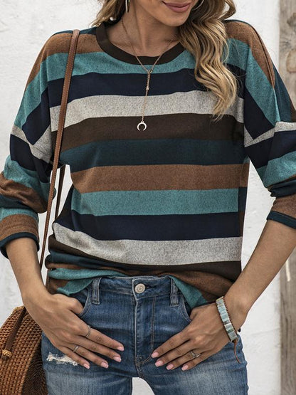 T-Shirts - Multicolor Striped Round Neck Long Sleeve T-Shirt - MsDressly