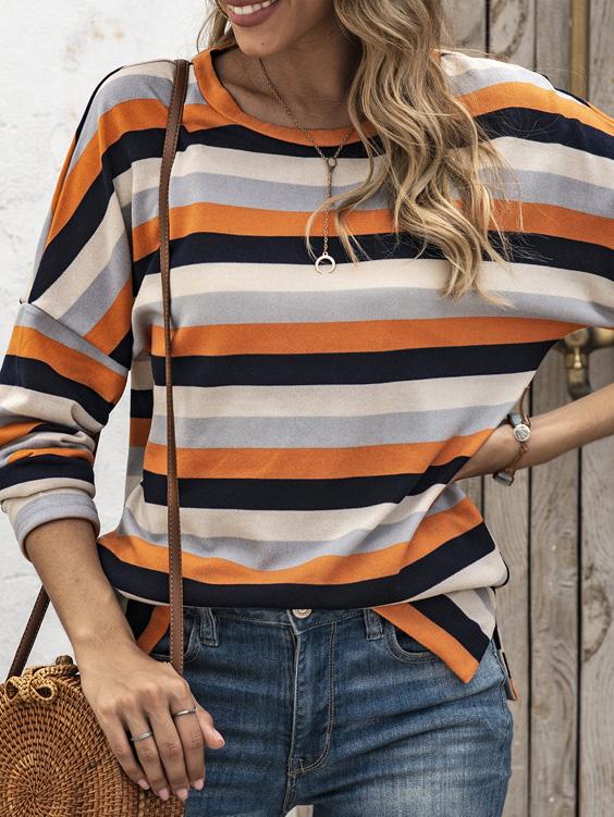 T-Shirts - Multicolor Striped Round Neck Long Sleeve T-Shirt - MsDressly