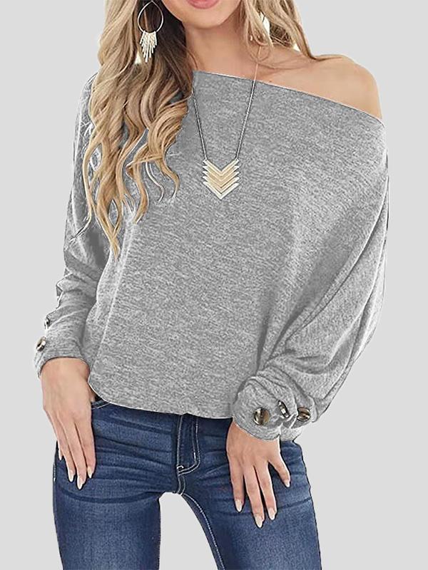 T-Shirts - Off The Shoulder Solid Button Long Sleeve T-Shirt - MsDressly