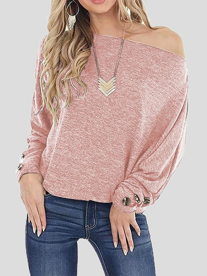 Off The Shoulder Solid Button Long Sleeve T-Shirt