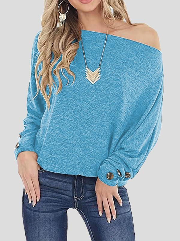 T-Shirts - Off The Shoulder Solid Button Long Sleeve T-Shirt - MsDressly