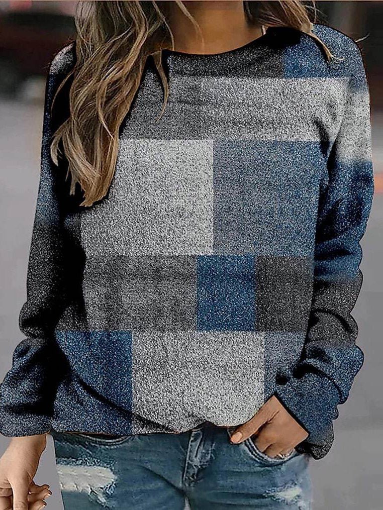 Plaid Print Round Neck Long Sleeve Casual T-Shirt