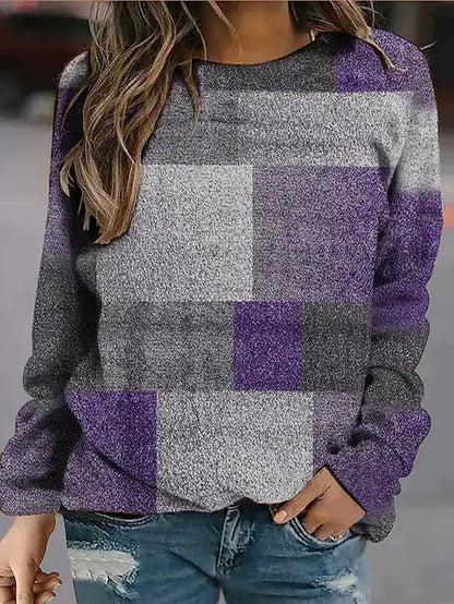 Plaid Print Round Neck Long Sleeve Casual T-Shirt