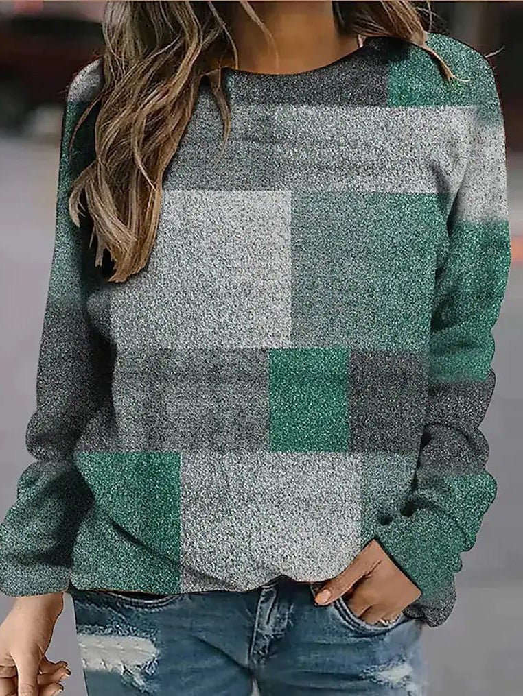 Plaid Print Round Neck Long Sleeve Casual T-Shirt