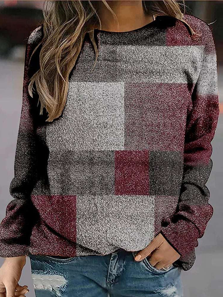 Plaid Print Round Neck Long Sleeve Casual T-Shirt