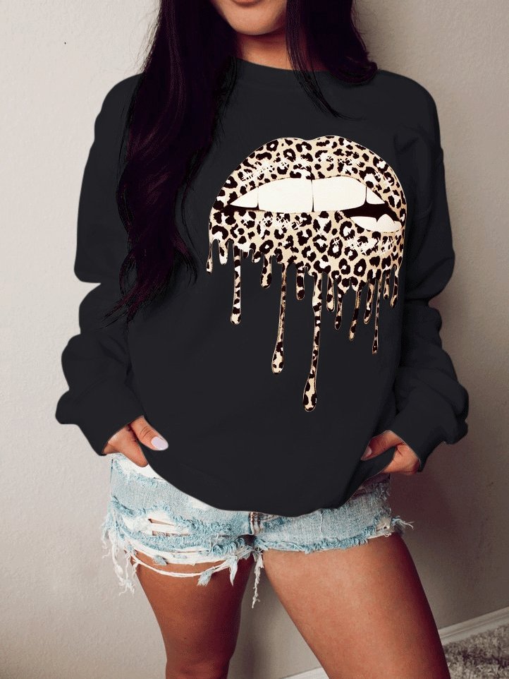 T-Shirts Round Neck Lashes Lip Print Long Sleeve T-Shirt for Women