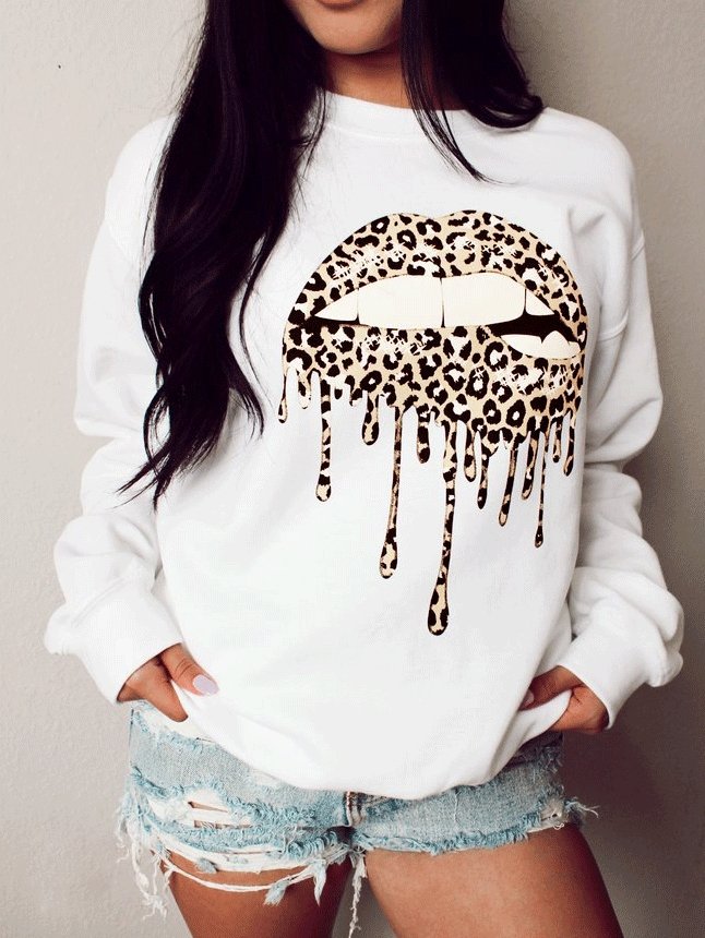 T-Shirts Round Neck Lashes Lip Print Long Sleeve T-Shirt for Women