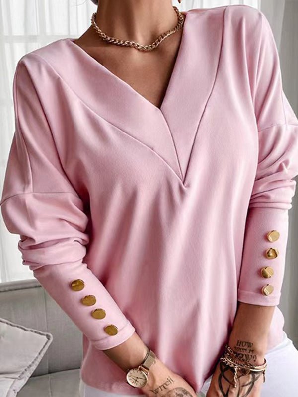 T-Shirts Solid Color Buttoned Cuff V Neck Long Sleeve T-Shirt for Women