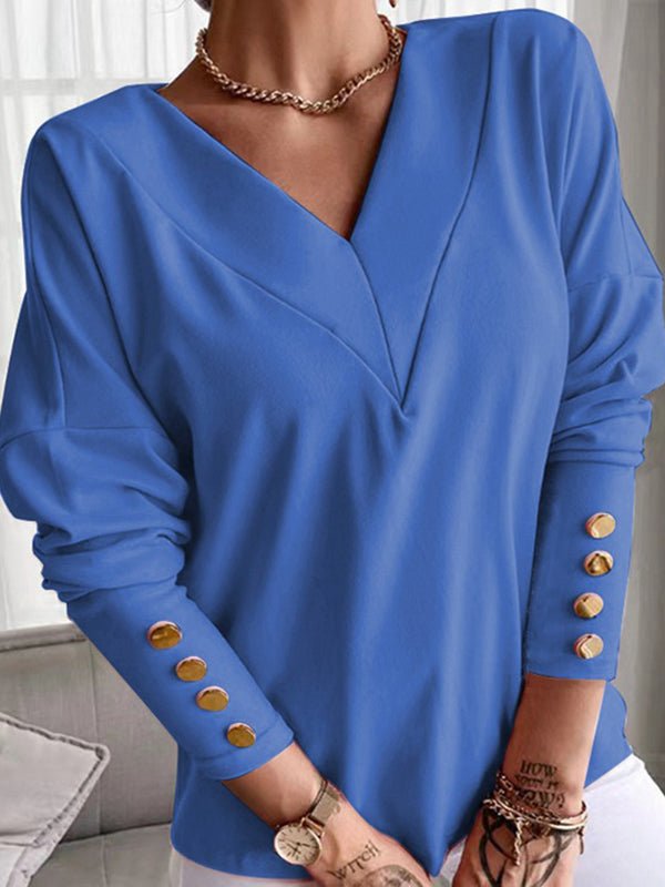 T-Shirts Solid Color Buttoned Cuff V Neck Long Sleeve T-Shirt for Women