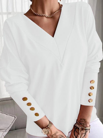 T-Shirts Solid Color Buttoned Cuff V Neck Long Sleeve T-Shirt for Women