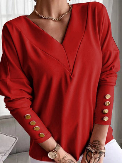 T-Shirts Solid Color Buttoned Cuff V Neck Long Sleeve T-Shirt for Women