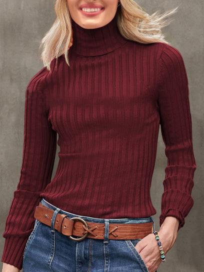 Women's T-Shirts Solid High-Neck Long Sleeve Knitted T-Shirt - LuckyFash™