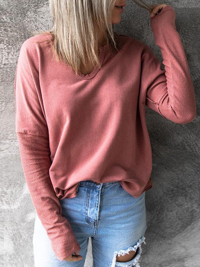 T-Shirts - Solid Pullover V-Neck Long Sleeve T-Shirts - MsDressly